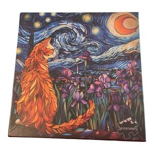 Pickforu 1000 Piece Puzzle, "Moonlit Cat", 24" x  24",  Stained Glass Mosaic.
